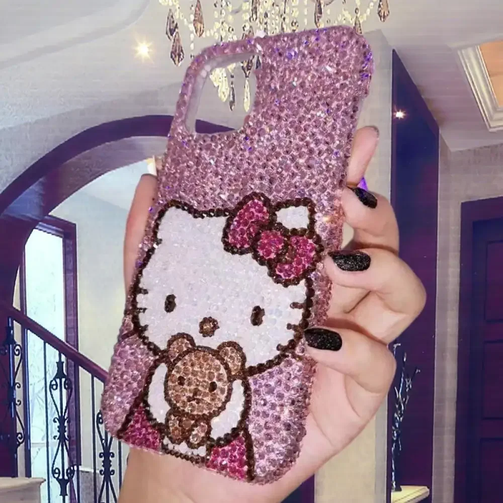 

New Sanrios Hello Kitty Iphone 16Promax 15 14 13 Phone Case Kawaii Cartoon Apple Phone Case Rhinestone Girlfriend Festival Gift