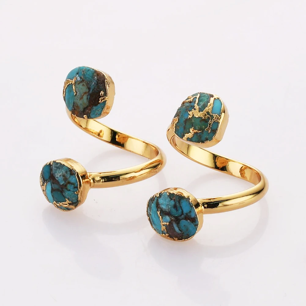 BOROSA Golden Color Druzy Natural Blue Stone Open Ring Fashion Copper Turquoise Adjustable Rings for Women Wedding Jewelry Gifts