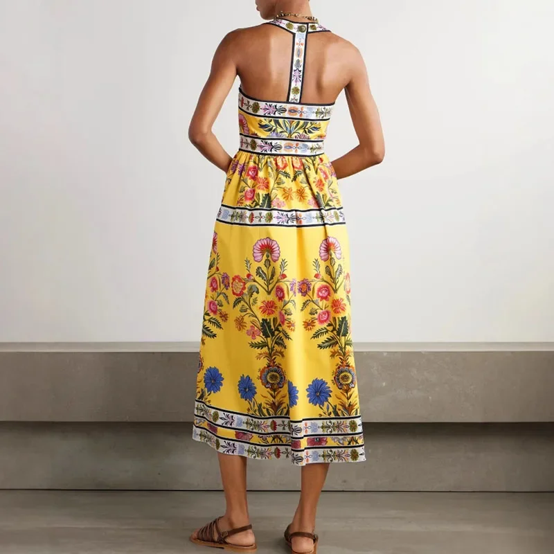 Elegancka Sukienka Damska w Stylu Vintage z Plisowanym Nadrukiem Boho, Seksowna Sukienka Bez Rękawów z Dekoltem typu Halter i Odkrytymi Plecami, Długa Sukienka Codzienna z Kieszeniami i Wycięciami, Sukienka Wakacyjna