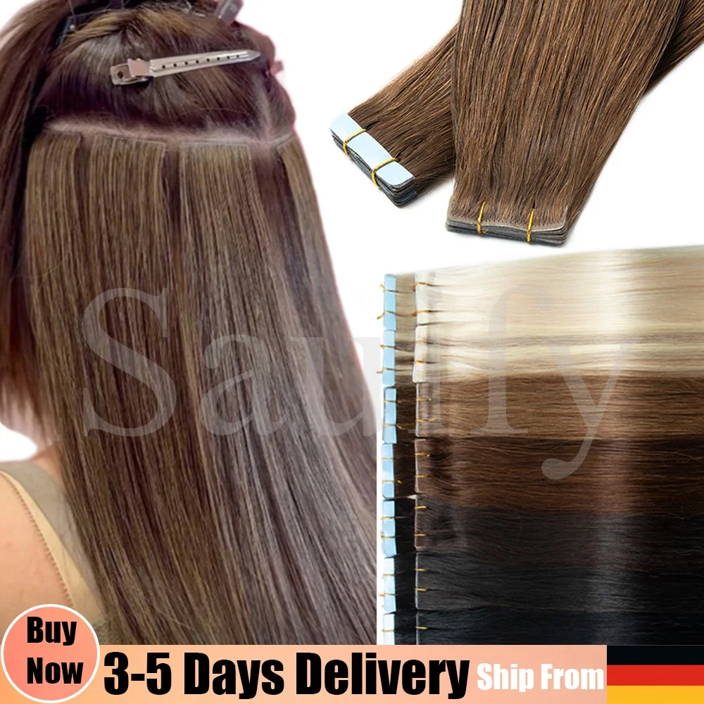 Gerade unsichtbare Tape-In-Haarverlängerungen aus Echthaar, natürliche, eingesetzte Tape-In-Haarverlängerungen, Schwarz, Blond, Braun, 10 Stück/Packung