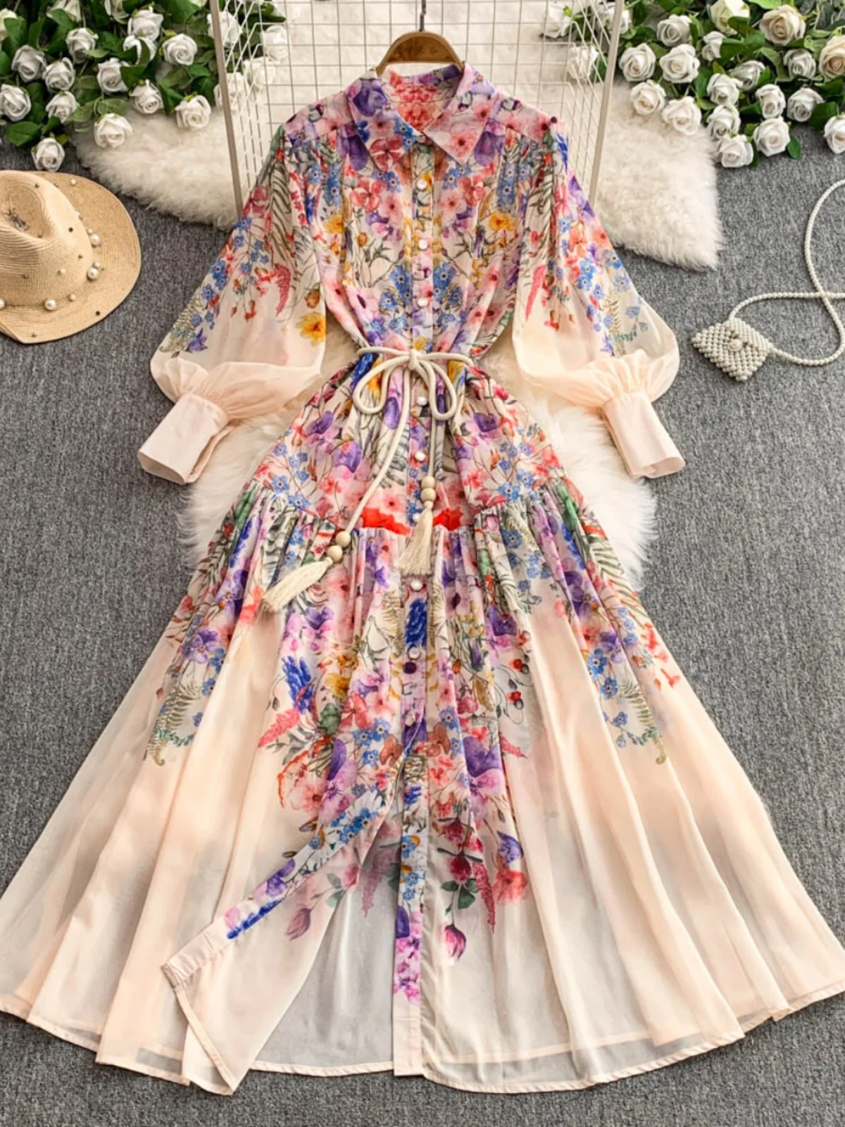 Elegant Bohemian Long Sleeve Floral Maxi Chiffon Dresses Shirt Women Single Breast Summer Autumn Print Pleat Prom Evening Dress