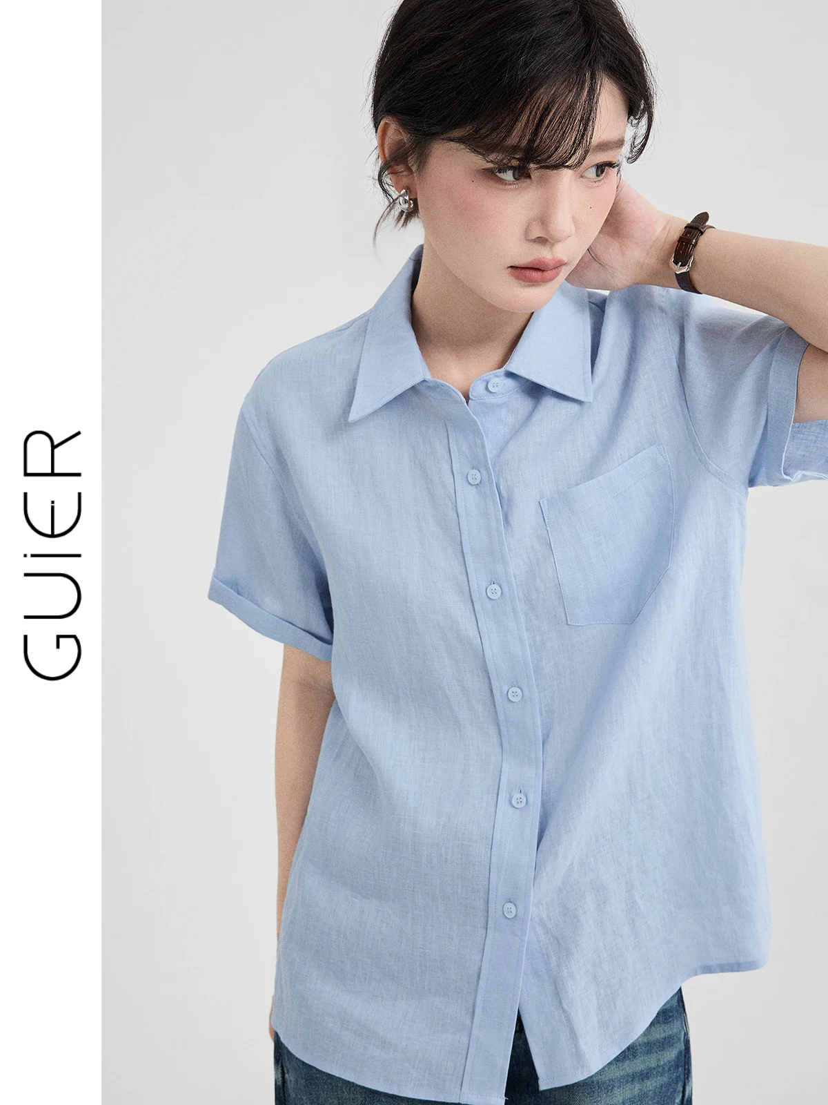 

Синяя льняная повседневная рубашка женская летняя 2026 года, новая, свободного кроя, с коротким рукавом, в стиле кардигана с отложным воротником, дышащая, приятная к коже