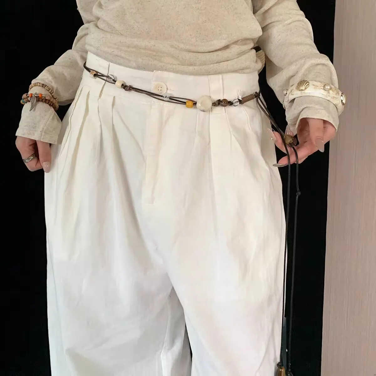 Nova moda contas de madeira artesanal cinto tecido à mão versátil para vestidos jeans e corda de cintura fina feminina