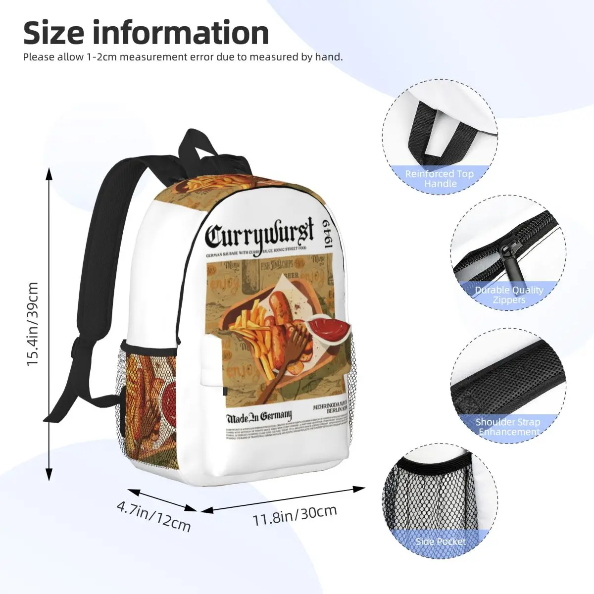Currywurst Wall Art Backpack Student Boys Girls BookBag Men Women School Bag Computer Shoulder Bags