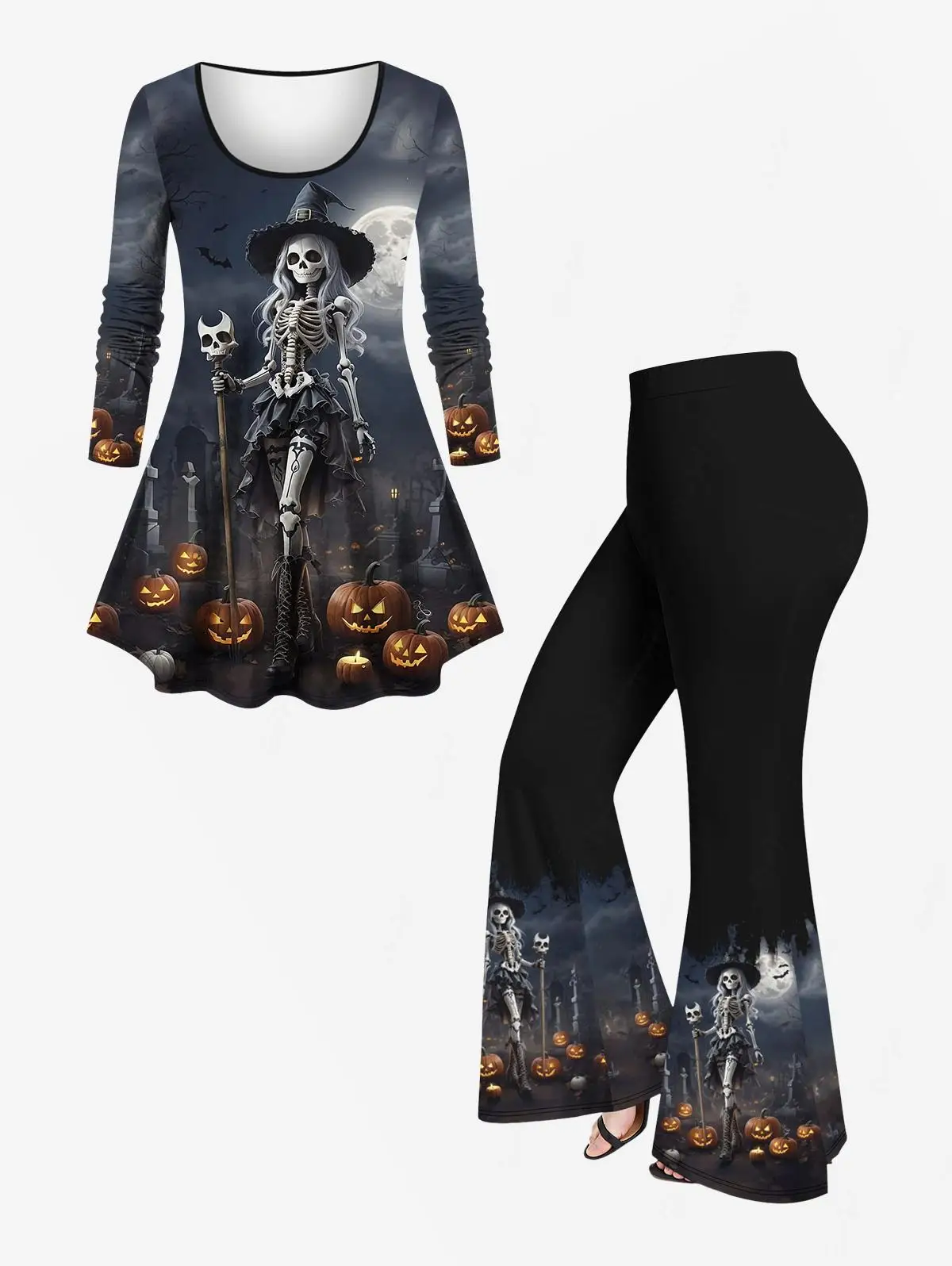 XS-3X Women's Halloween Costume Matching Set 3D Cat Pumpkin Tree Moon Bat Print Long Sleeves T-shirts Flare Pants Autumn Outfits