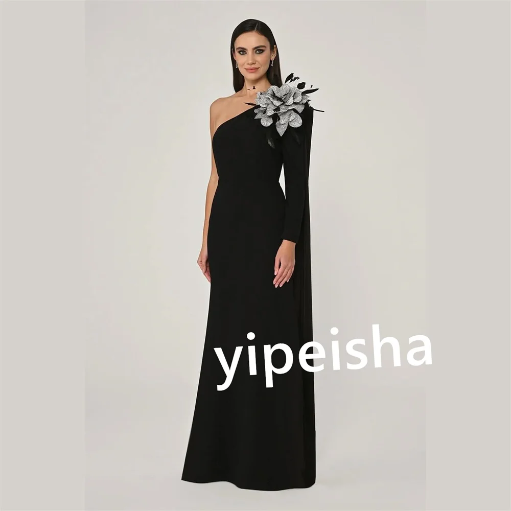 Customized Modern Style Jersey Flower Straight One-shoulder Long Dresses Prom Dresses Sizes Available Chinese Style Fashion High