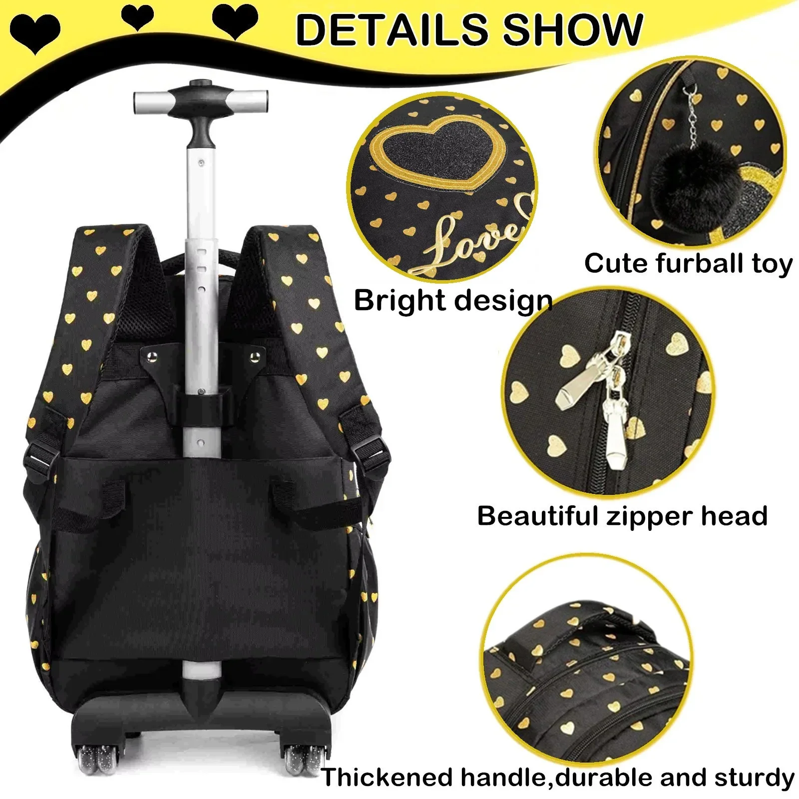 BunnyFly Kids Rolling Backpack Set with Lunch Box Girls School Trolley Bag Lightweight Wheeled Luggage for Elementary Students