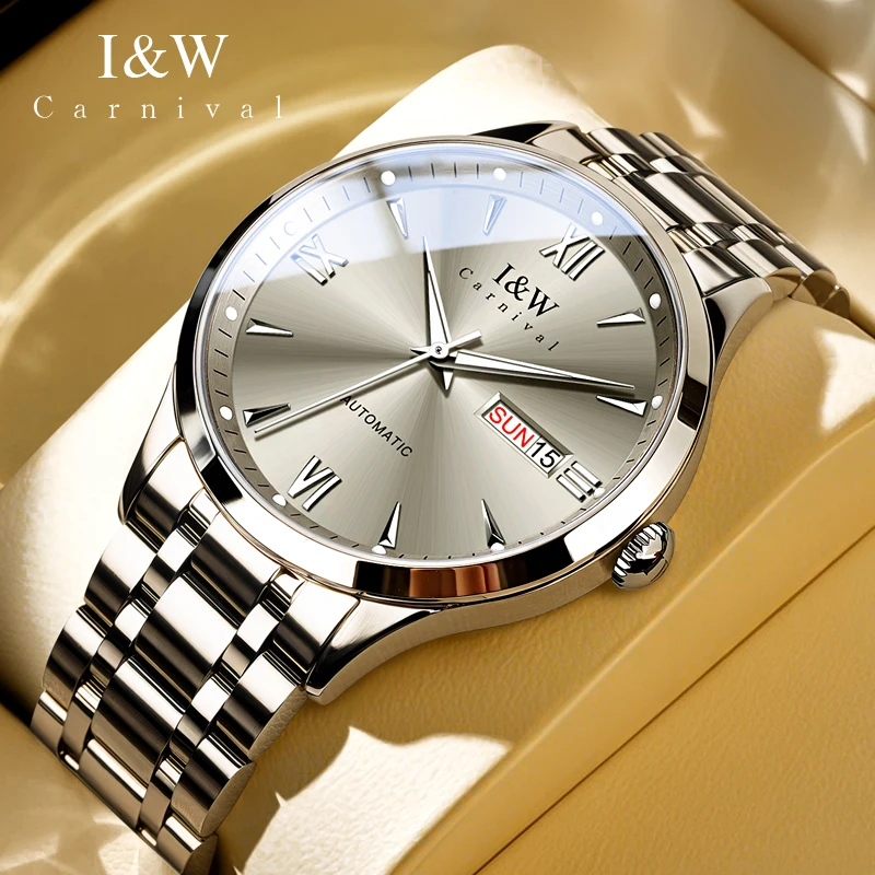 Carnival Brand IW Stainless High-end Series Imported Movement Mechanical Watches Men 50M Waterproof Stainless Steel Watches Mens