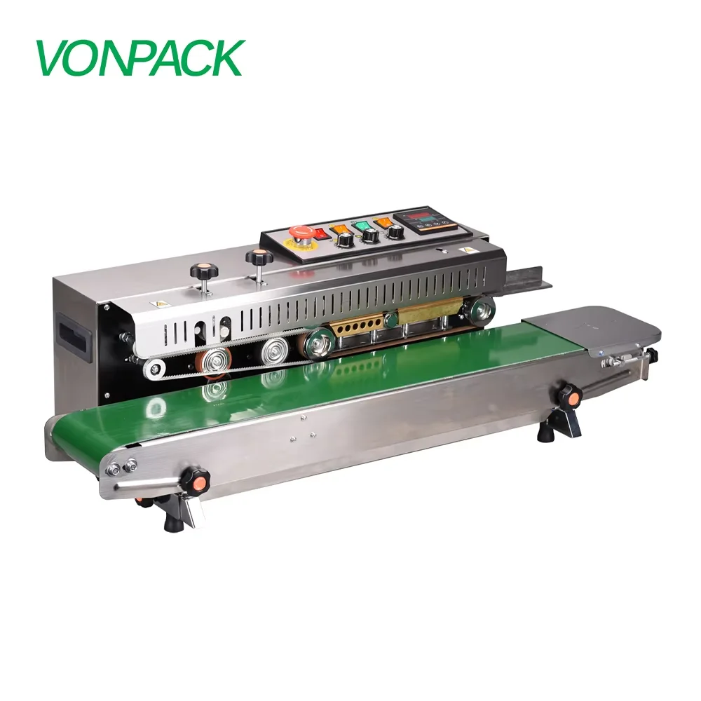 VONPACK FR-1000 ماكينة ختم شريط الطاولة الأوتوماتيكية من الفولاذ المقاوم للصدأ ماكينة ختم شريط المصنع المستمر تاريخ الطباعة