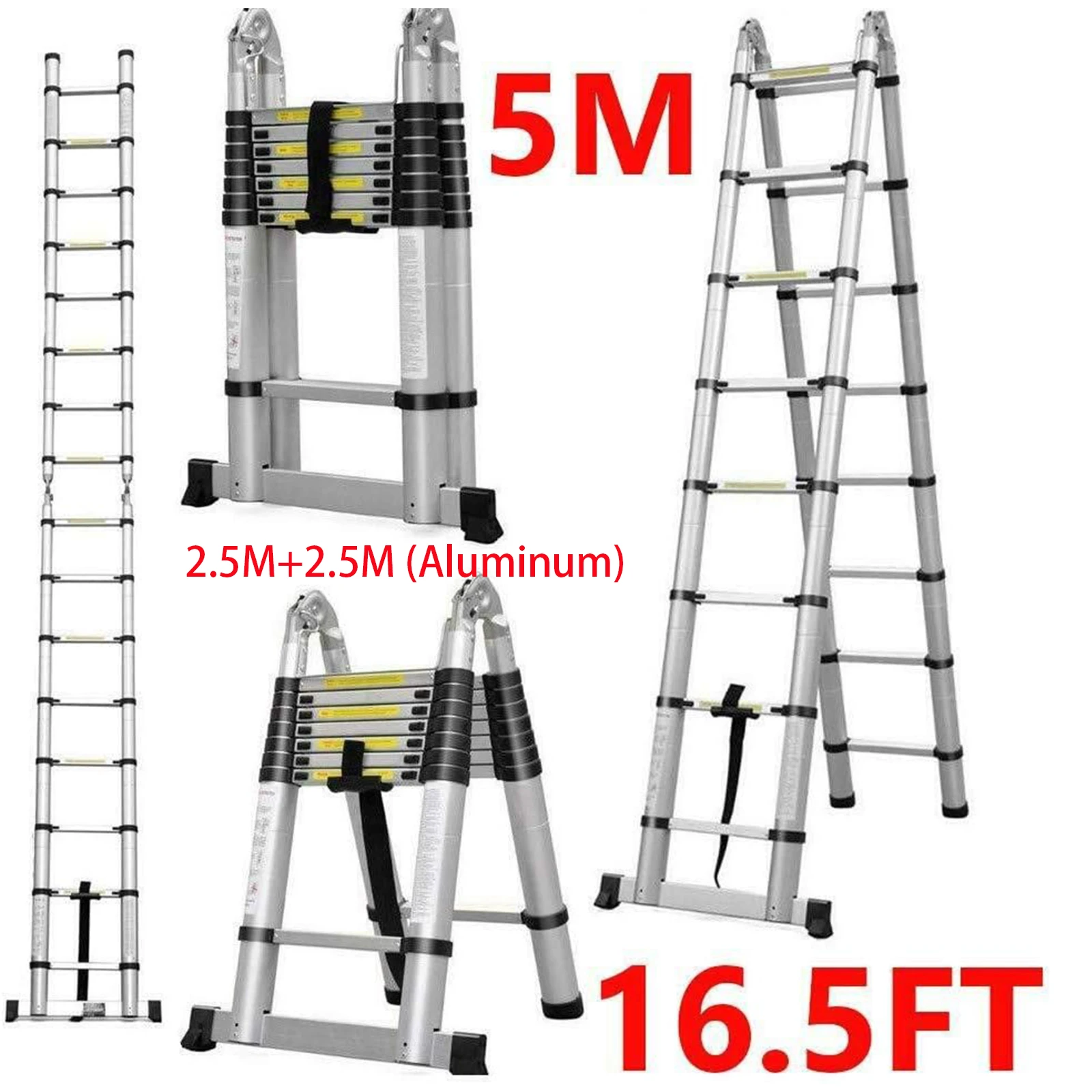 Escaleras Plegables de 5M / 2.5M+ 2.5M, Tipo A, de Aluminio, Extensibles, 16 Peldaños, Capacidad Máxima de 150 kg Escalera Multiusos de Gran Capacidad