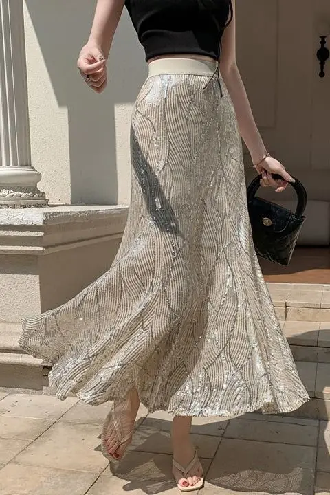 

2025 Spring Summer Sequin Mermaid Skirt for Women High Waist Slim Fit Elegant Midi Bodycon Skirt Chic and Gorgeous Fashion Skirt