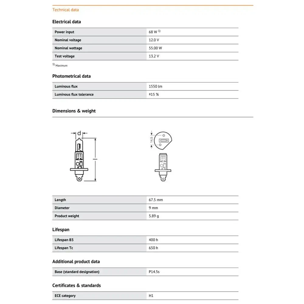 OSRAM H1 12V 55W P14.5s 64150 Standard Light Car Halogen Headlight Auto Bulb 3200K Original Lamp OEM Quality