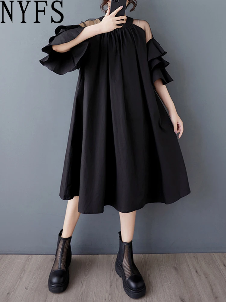 

NYFS 2025 Summer Fashion Korean Style Loose plus Size Mesh Patchwork Off-shoulder Long Dress Robe Short Sleeves Woman Dress