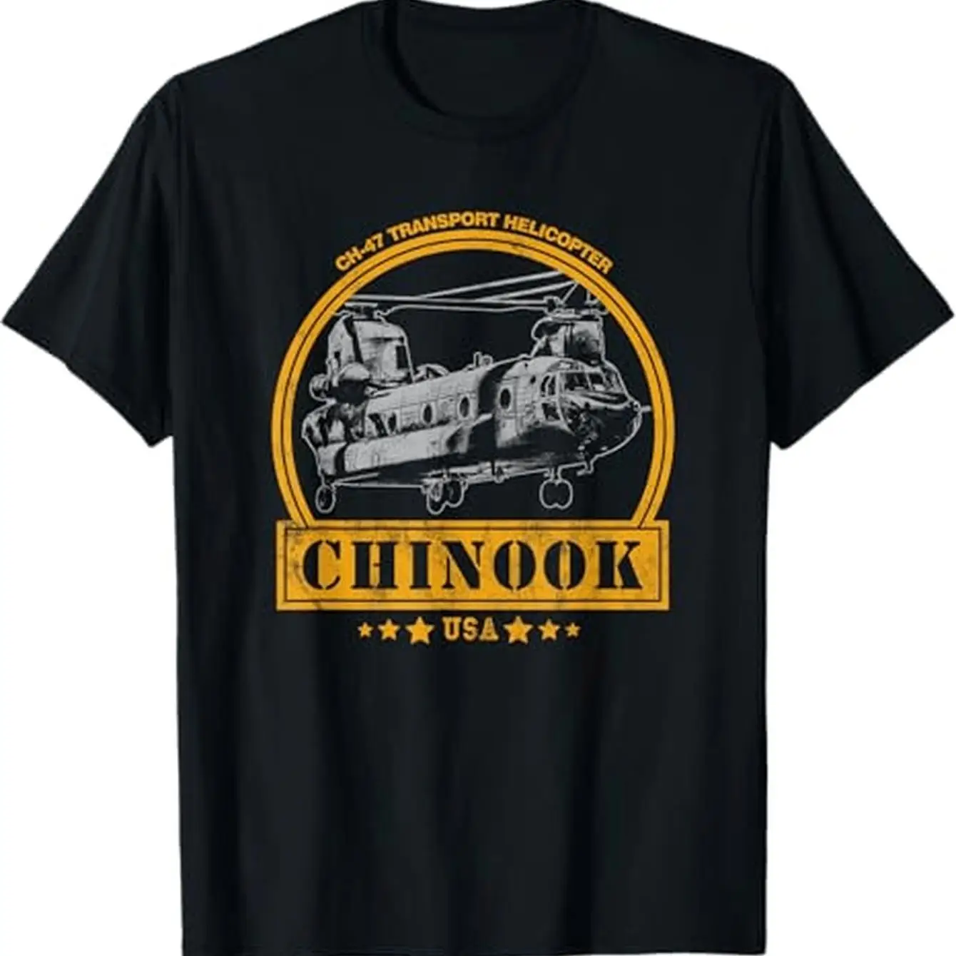 Unisex Casual Patterned T-Shirt (CH-47 Chinook Helicopter) Black Short Sleeve Aviator Style Perfect for Enthusiasts