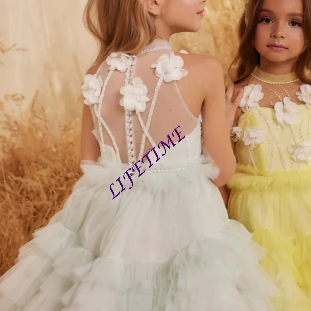 Girls Customized Luxury Pearls Tiered Tulle Long Dress with 3D Flower Fashionable Halter Performance Outfit Princess G Kids