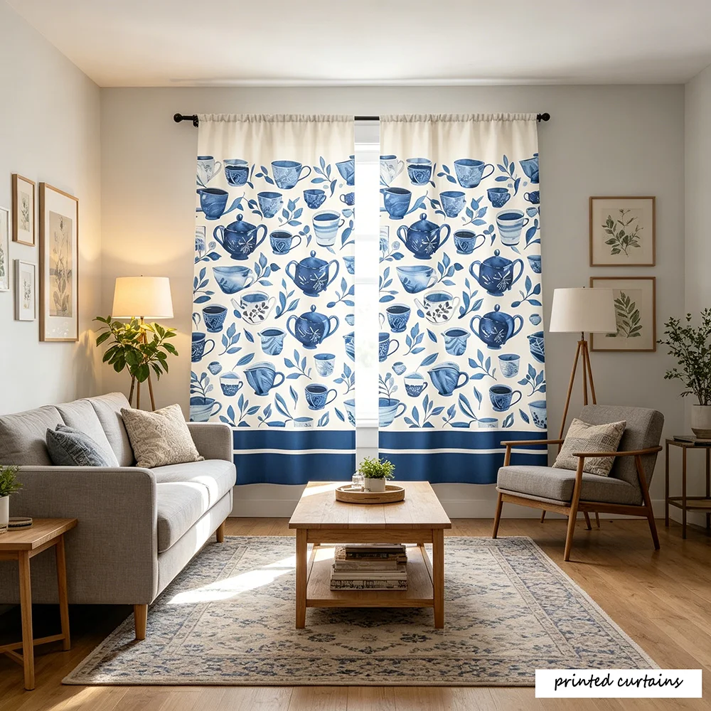 2PCS Watercolor Blue Porcelain Teapot Cup Print Kitchen Curtains, Applicable to floral curtains, window curtains, print curtains
