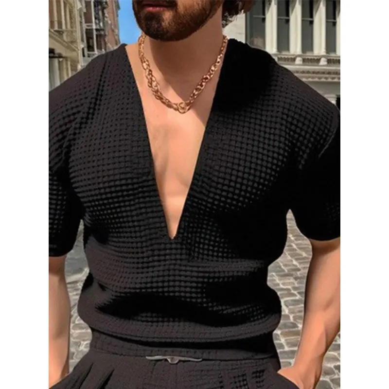 

New Summer Waffle V Neck Short Sleeved T-shirt Comfortable Top athleisure fashion slim breathable men's Men's Short Sleeved Top