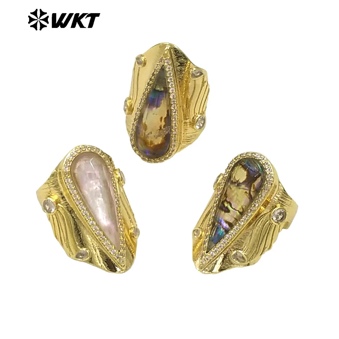 WT-MPR090 Gorgeous Spring Design Big Cocktail 18K Resist Tarnishable Abalone Shell Women Souvenir Ring 10PCS