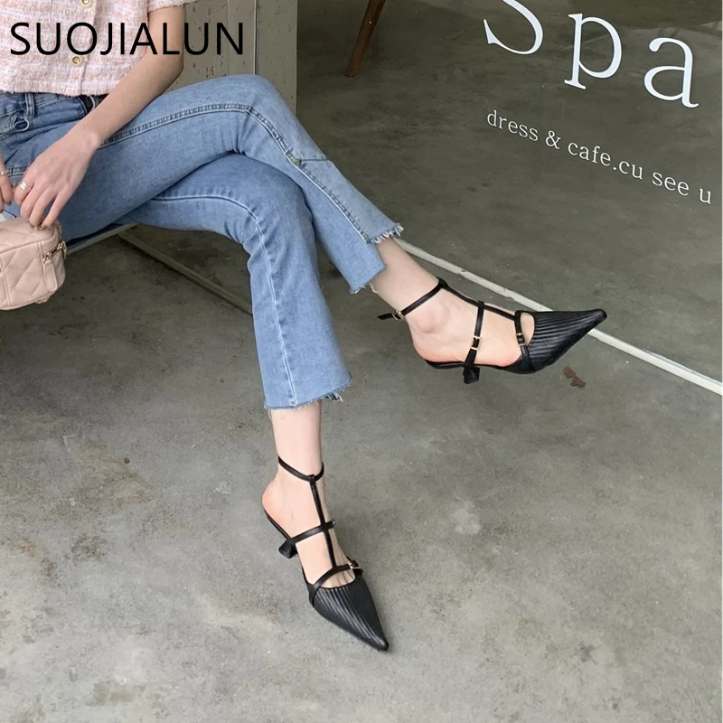 SUOJIALUN 2023 Spring New Woomen Pointed Toe Sandal Shoes Fashion Ankle Strap Ladies Elegant Slingback Thin Low Heel Dress Pumps