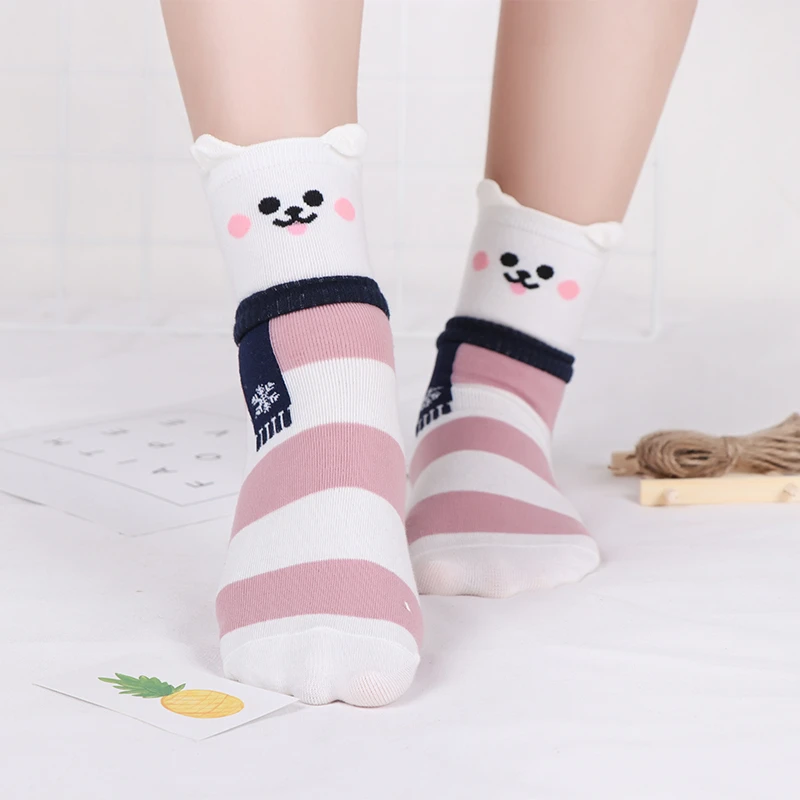 Kawaii Women Crew Socks Cartoon Cute Animal Cat Dog Bear Penguin Striped Spring Autumn Comfortable Female Casual Mid Tube Socks