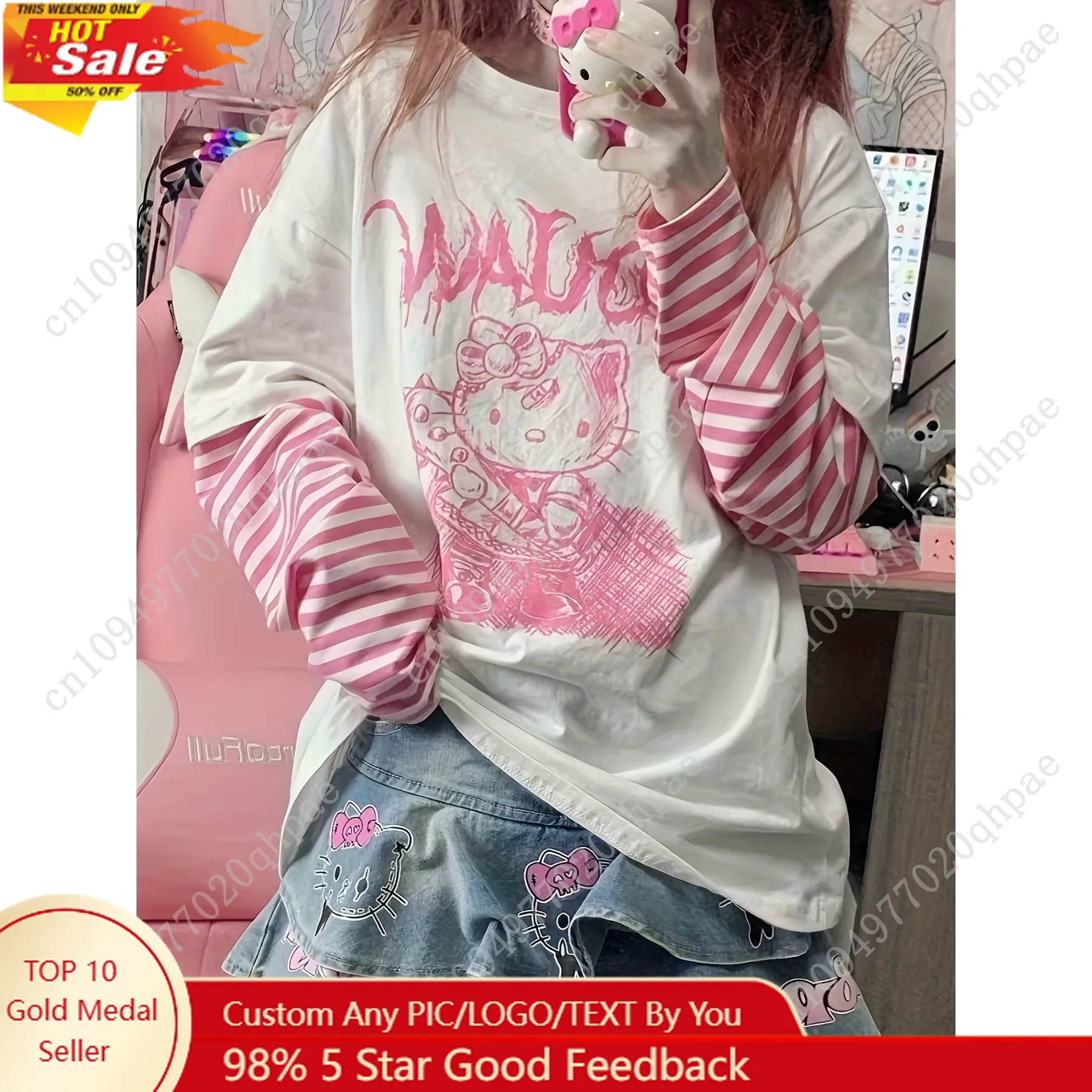 1pc Tops Sanrio Hello Kitty Camiseta Japonesa Dulce y Fresca para Mujer, Nueva, Holgada, con Efecto de Dos Piezas, Manga Larga, Tops de Hello Kitty para Mujer