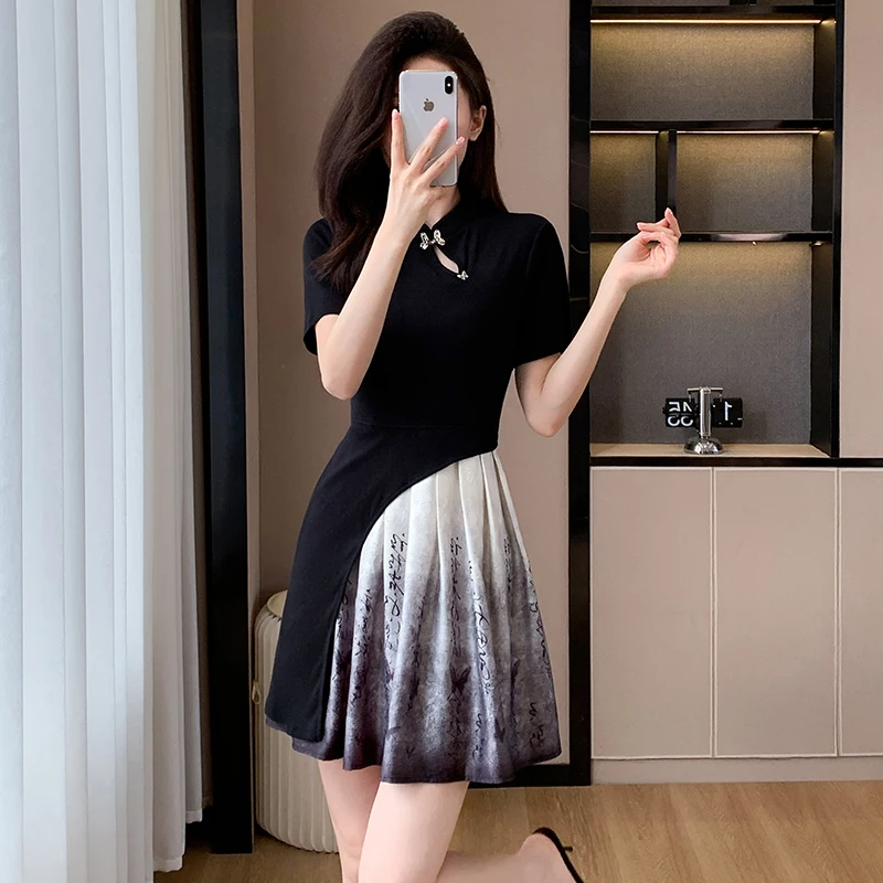 Summer Elegant Temperament Casual Small Black Dress Women's Bow Button Stand Neck Ink Painting Print Folds Fashion Short Skirt