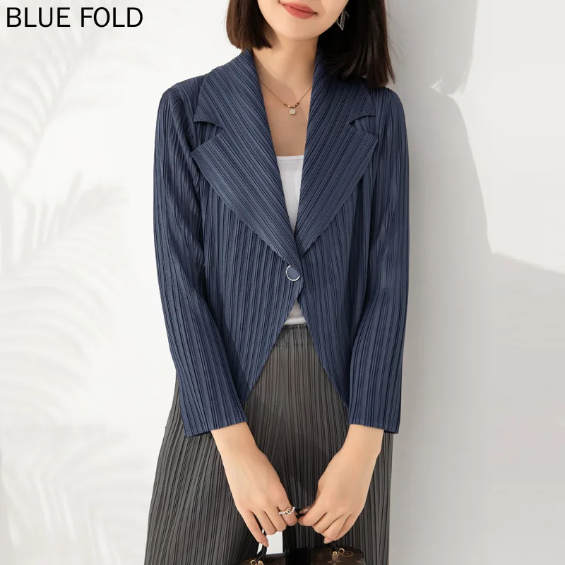 MIYAKE-Women's Versatile Suit Collar One Button Temperament Short Slim Suit Top Coats, Early Autumn Fashion, New Style