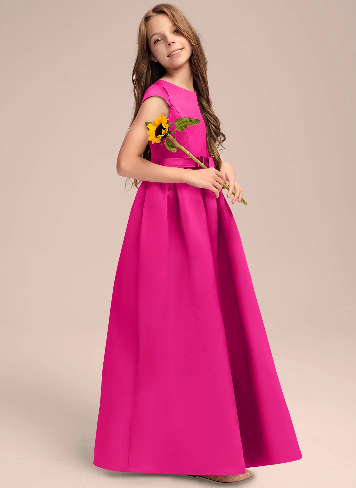 A-Linie Schaufel boden langes Satin Junior Brautjungfer kleid mit Schleife