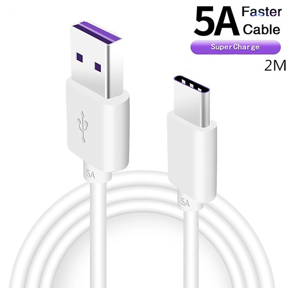 2M Fast Charge 5A USB Type C Cable For Samsung S20 S9 S8 Xiaomi Huawei P30 Mate40 Pro Mobile Phone Charging Wire White Cable