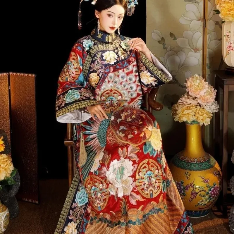 Robe traditionnelle chinoise de la dynastie Qing pour femme, imprimé paon rose, manches larges, col montant, Cheongsam, robe médiévale