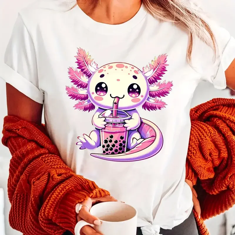 Axolotl Print Crew Neck T-shirt Short Sleeve Casual Top Summer Women\'s Clothing Print Clothing Women\'s Harajuku Graphic Clothing