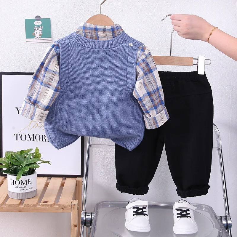 Spring Autumn Western Baby Infant Boys Clothes for Kids Boy Cartoon Knitted Cardigan Sweater Vest + Plaid Shirts + Pants Outfits