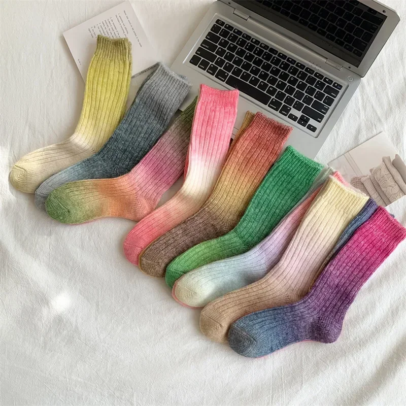 Socks Women Autumn Winter Thick Warm Long Socks Color Gradient Wool Cashmere Thermal Floor Sleeping Socks New Year Gifts