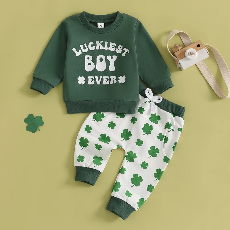 St. Patrick's Day Outfits Kids Baby Boys Clothes Letter Clover Print Long Sleeve Sweatshirt Plaid Pants Sets