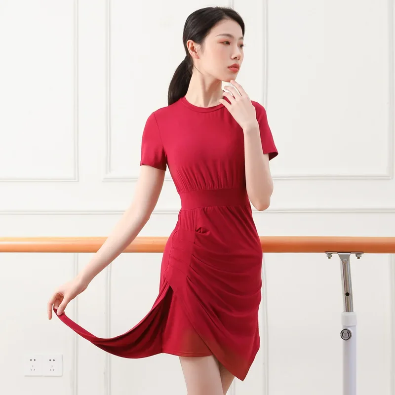 

Latin dance practice suit for women and adults, new Modal round neck short sleeved fashionable slim fit training dance dress for