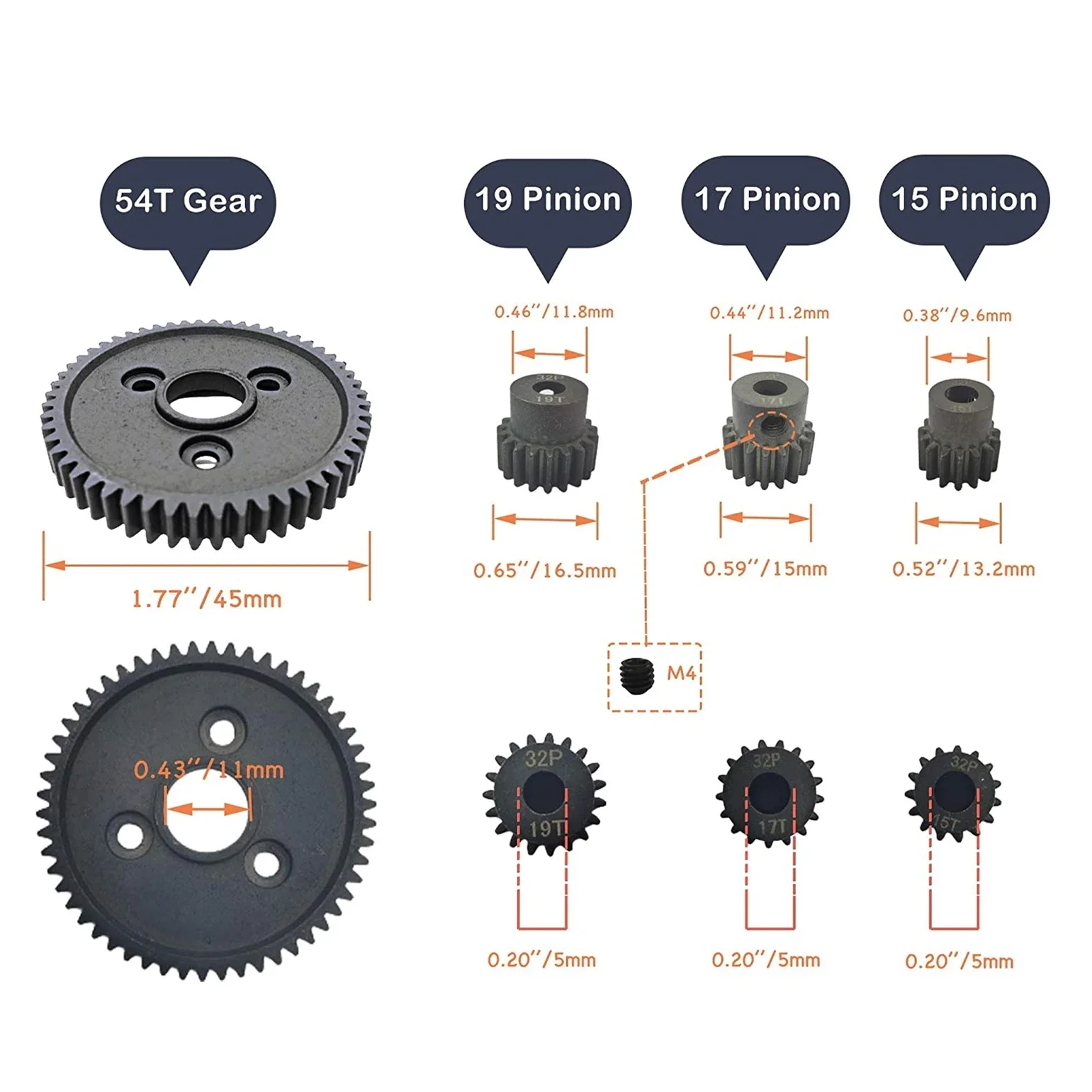 Hardened Steel 54T Spur Gear 0.8 32P 3956 and 15T 17T 19T Pinion Gear for 1/10 Traxxas Slash 4X4 VXL Stampede Rustler Upgrades