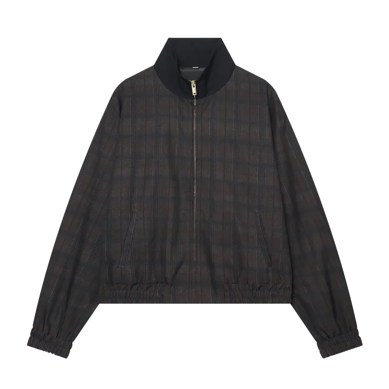 Checked Bomber Jacket Black Brown Casual Relaxed Fit Long Sleeve Outwear Ribbed Collar Gold Zip Front Elastic Cuffs Street Style