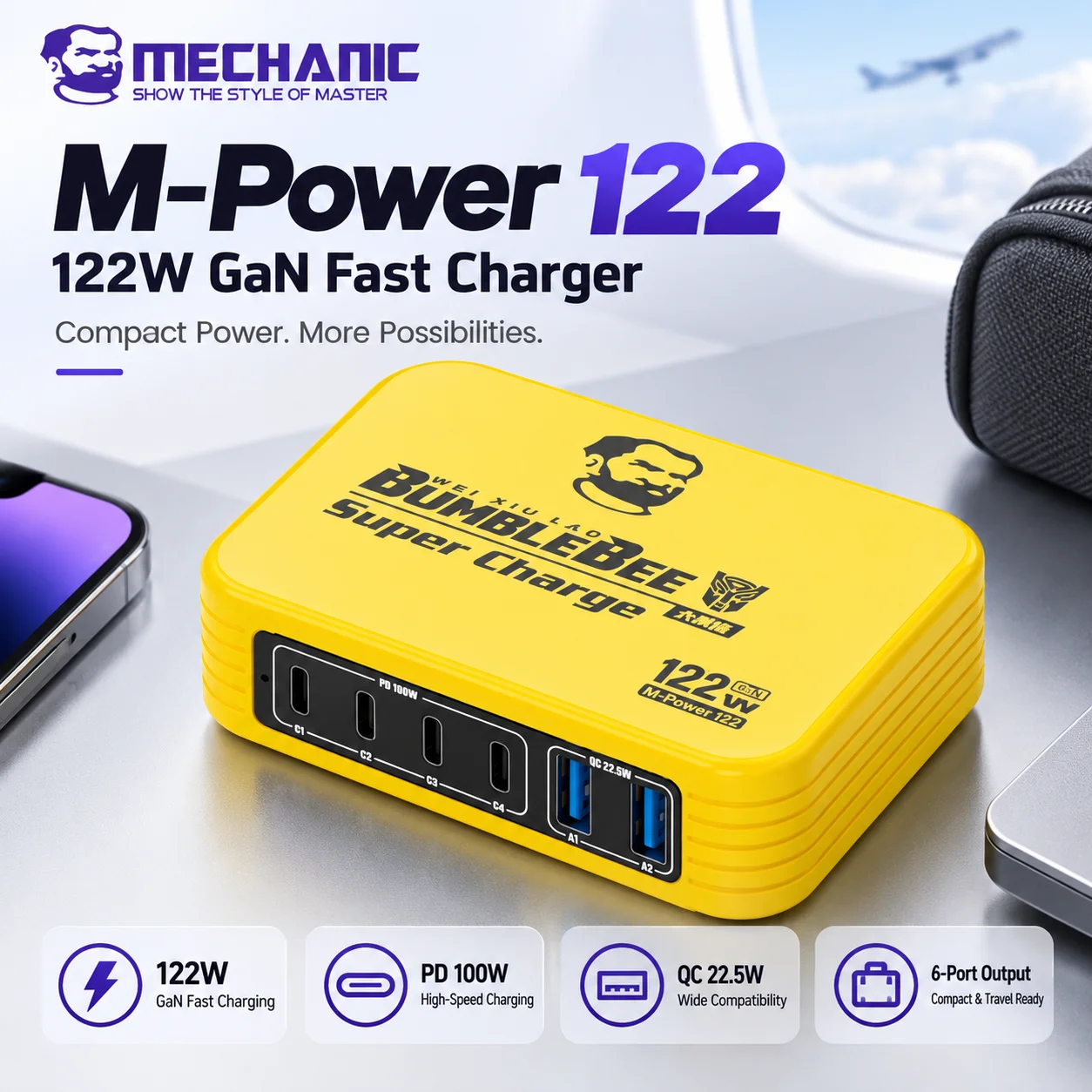 MECHANIC M-Power 122 122W GaN Fast Charger 6-Port USB-C PD QC Charging Station for iPhone Android Laptop Tablet Travel Charger