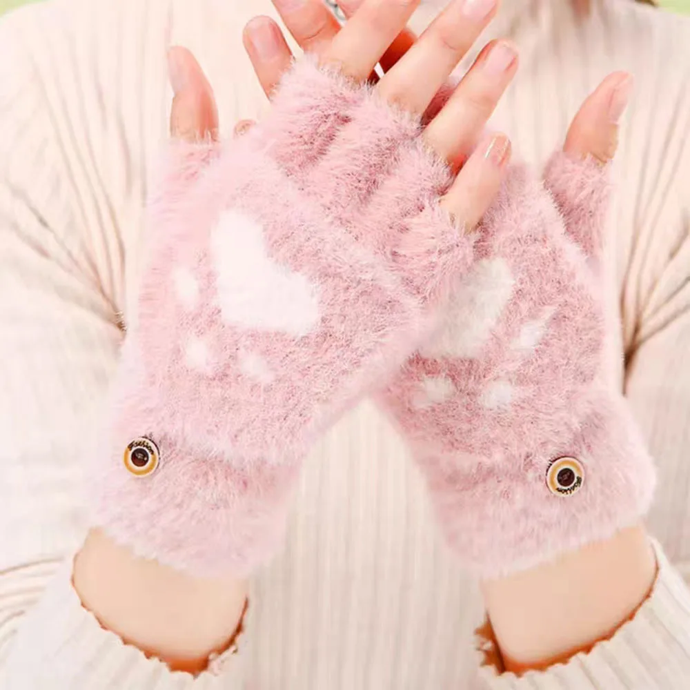 Women Girls Lovely Winter Warm Fingerless Gloves Girls Fluffy Bear Cat Plush Paw Claw Half Finger Gloves Mittens Gifts New 2023