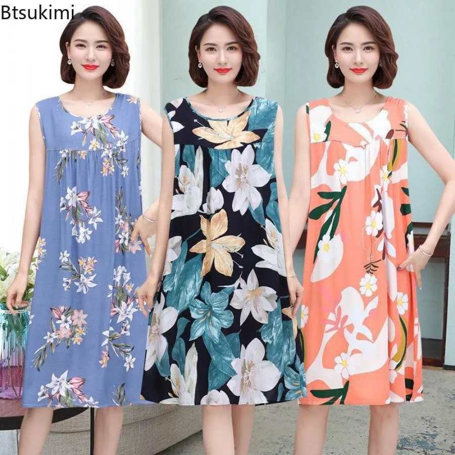 New 2026 Summer Middle-Aged and Elderly Silk Print Pajamas Home Wear Dresses Round Neck Sleeveless Dresses One Size Nightgowns