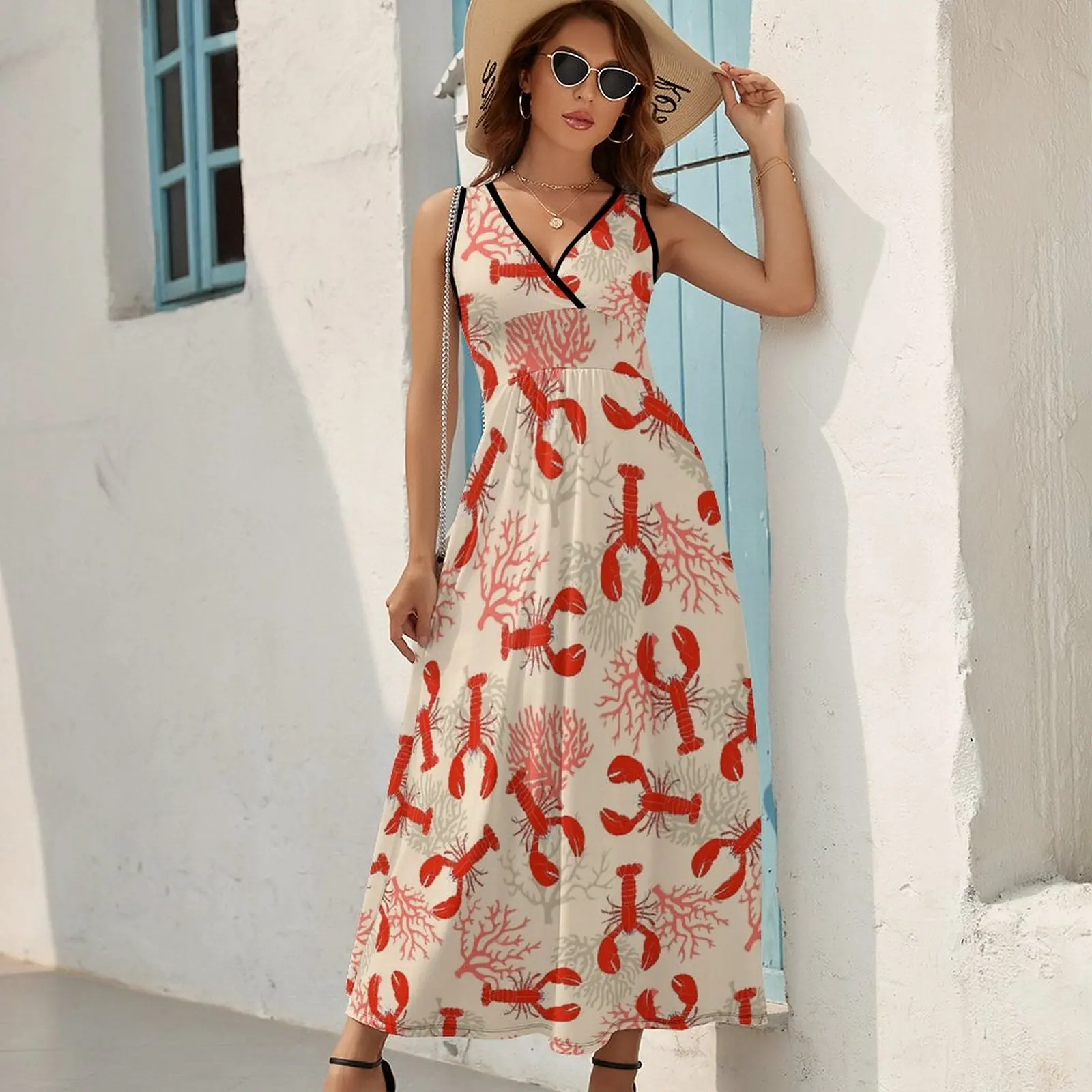 Red Lobsters Dress Women Coastal Coral Trendy Maxi Dress V Neck High Waist Streetwear Custom Boho Beach Long Dresses