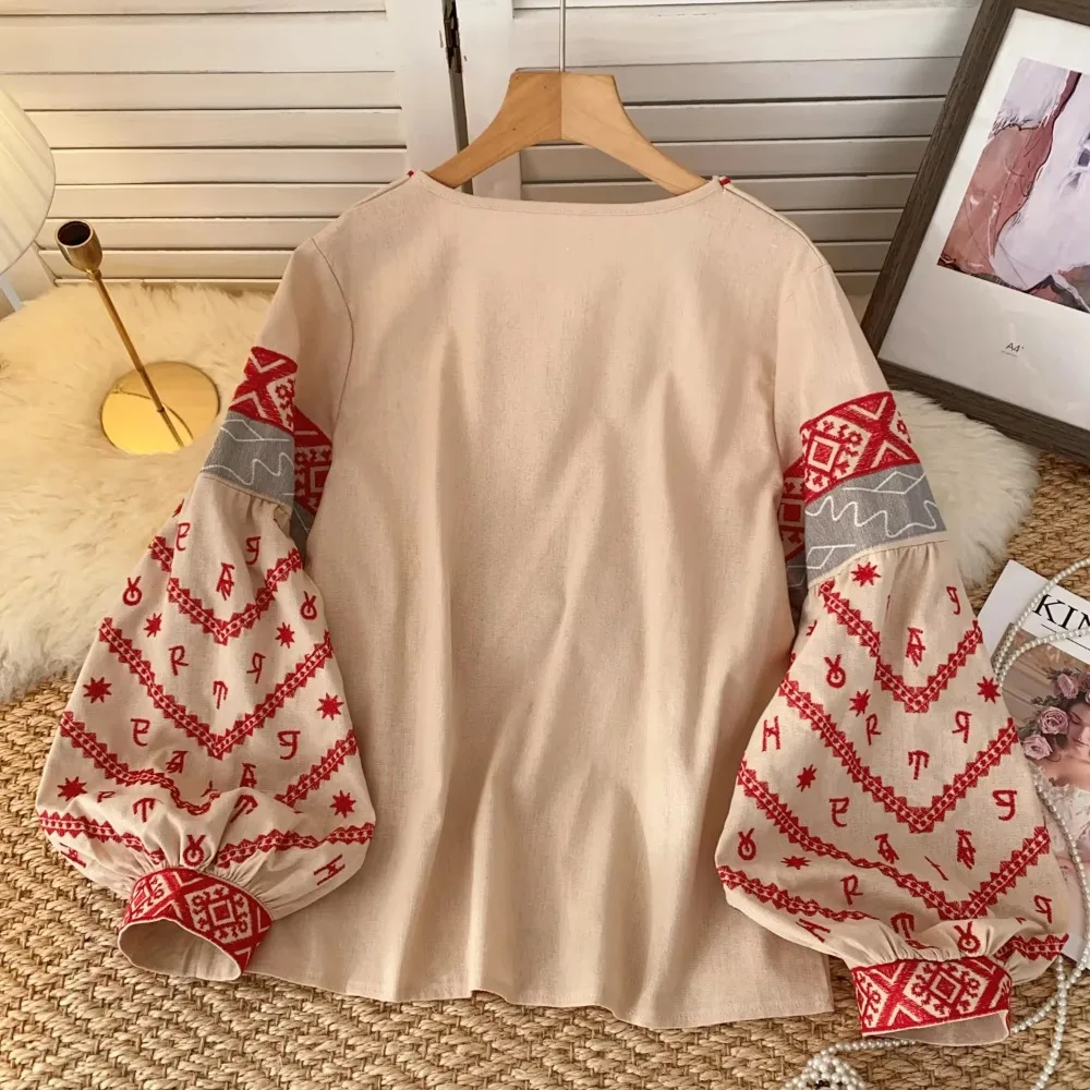 Vintage O-neck Lace-up Elegant Long Lantern Sleeves Chic Embroidered Top Bohemian Streetwear High Street Autumn Basics Clothing