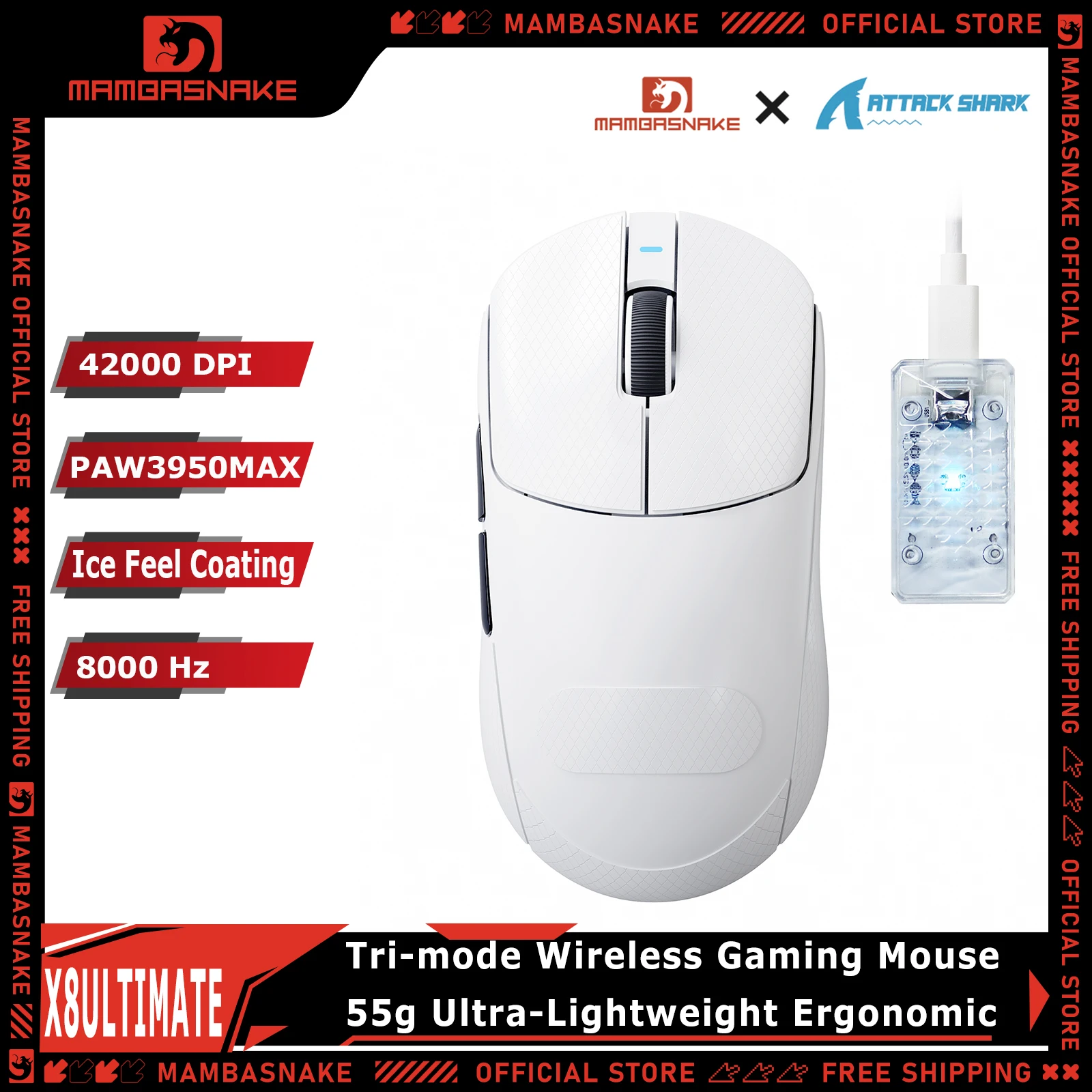 ATTACK SHARK X8ULTIMATE Tri-Mode Gaming Mouse 55g Ultra Light PAW3950MAX Sensor 42000DPI 8000Hz Polling Rate For PC Laptop