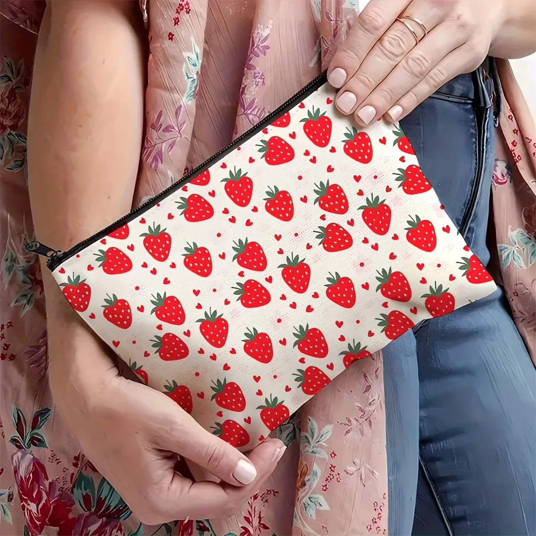 1Pc Spring and Summer Fruit-Themed Cute Strawberry Retro Design Multifunctional Travel Makeup Bag, Snack Storage Bag, Stationery Storage Bag, Fashionable Toiletry Bag, Canvas Double-Sided Printed Zipper Pouch