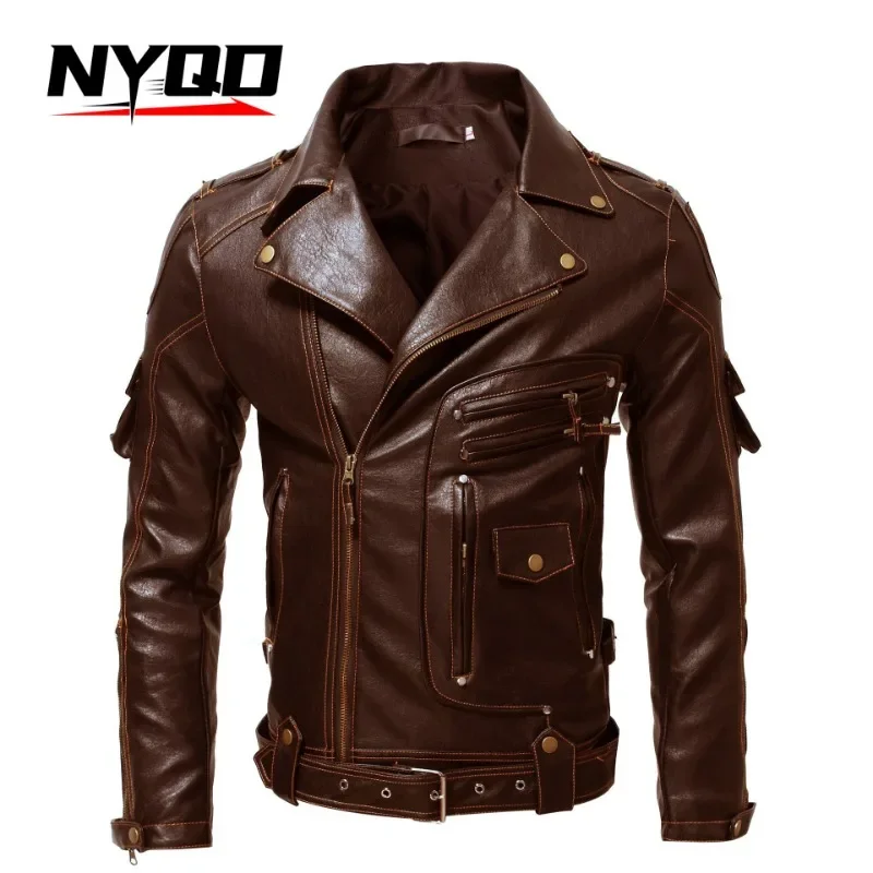 Men's Motorcycle Retro Leather Men's Multi Pocket Personalized Leather Jacket מעיל אופנוע  Chaqueta Moto Hombre Invierno