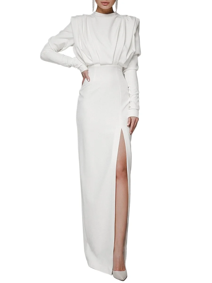 

Solid Color Long Sleeves Turtleneck Pullover Side Slit Ruched Formal Evening Dress