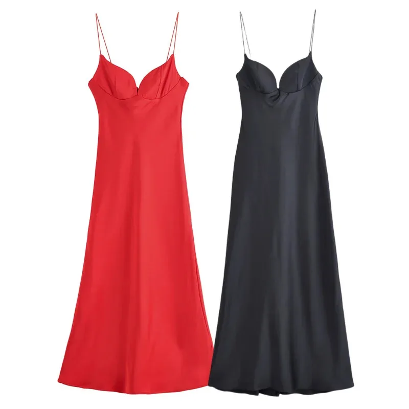 Women's Retro Black Satin Maxi Dress with Thin Suspender New Summer Fashion Romantic Party Holiday Dress