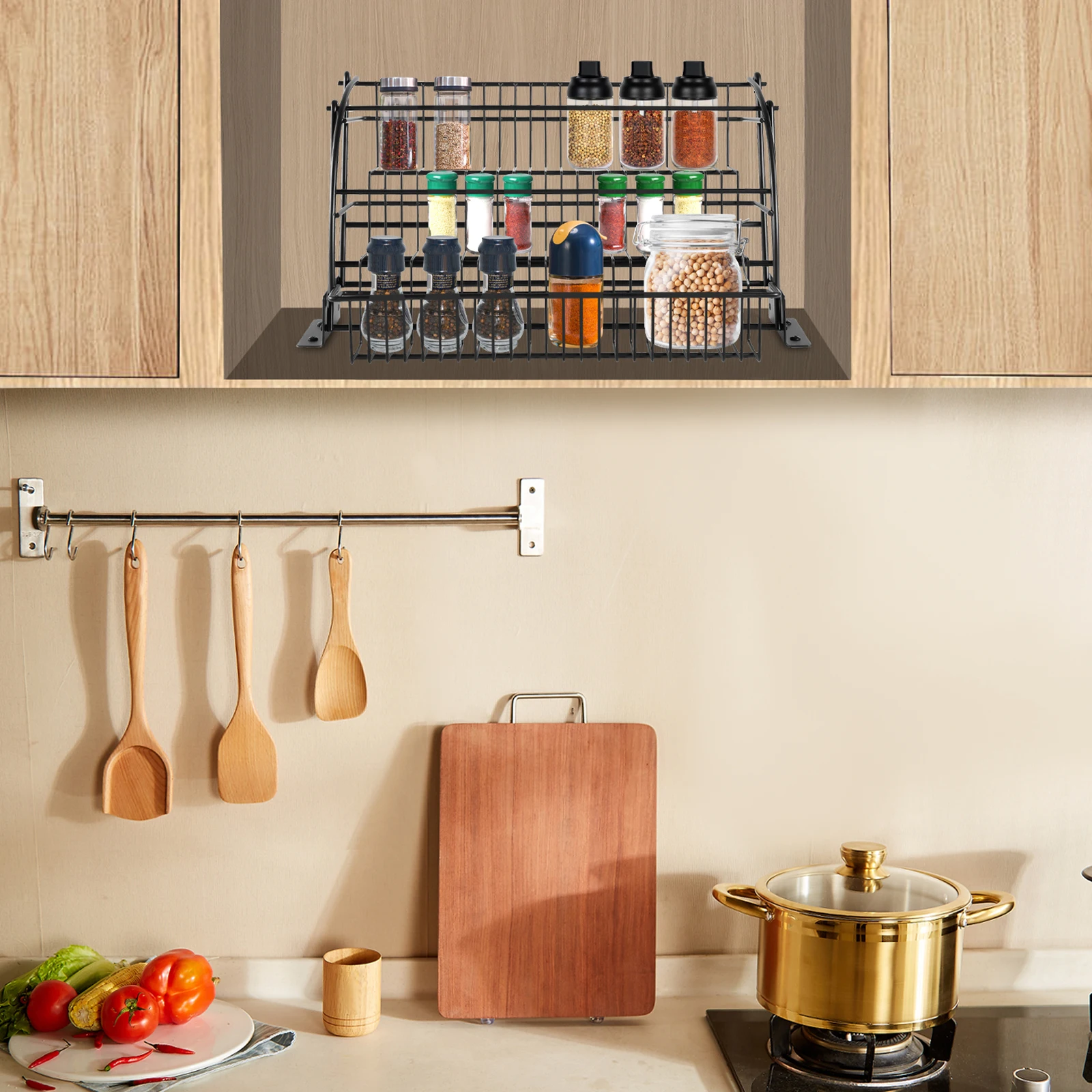 

3-tier Pull Down Design Cabinet Mounted Spice Rack with Railing Stopper for Kitchens Bedrooms Offices and Placing Spice Bottles