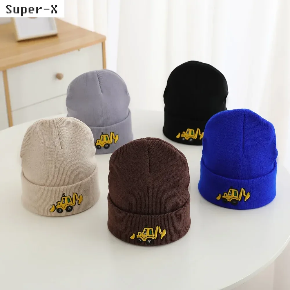 Children Hats Autumn Winter Knit Beanies for Boys Cute Cartoon Truck Excavator Embroidery Label 3-8years