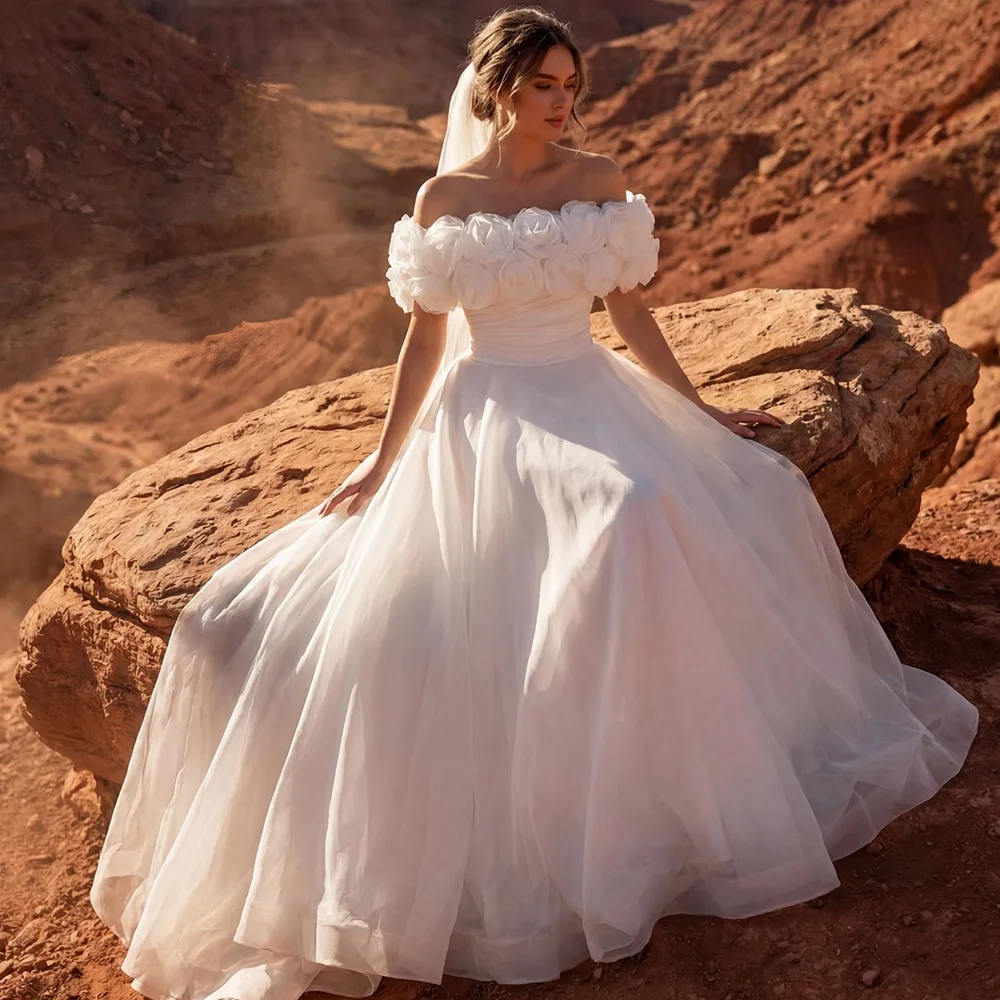 Customized Dreamy 3D Flowers Bridal Gowns Simple Ruched Tulle Vestido De Novia Classic Off the Shoulder A-Line Wedding Dress